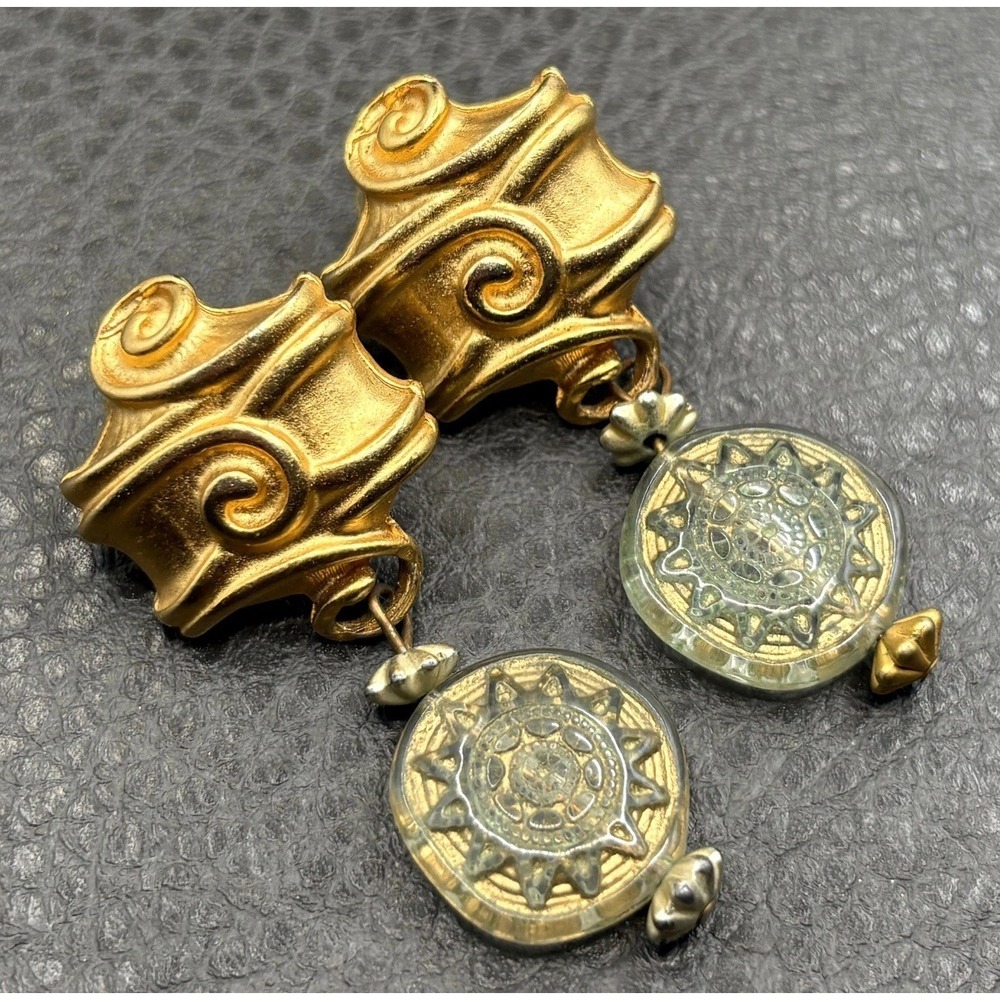 Vintage 80s Modernist Pierced Earrings Sun Medallion Bead Drop Brushed Gold Tone